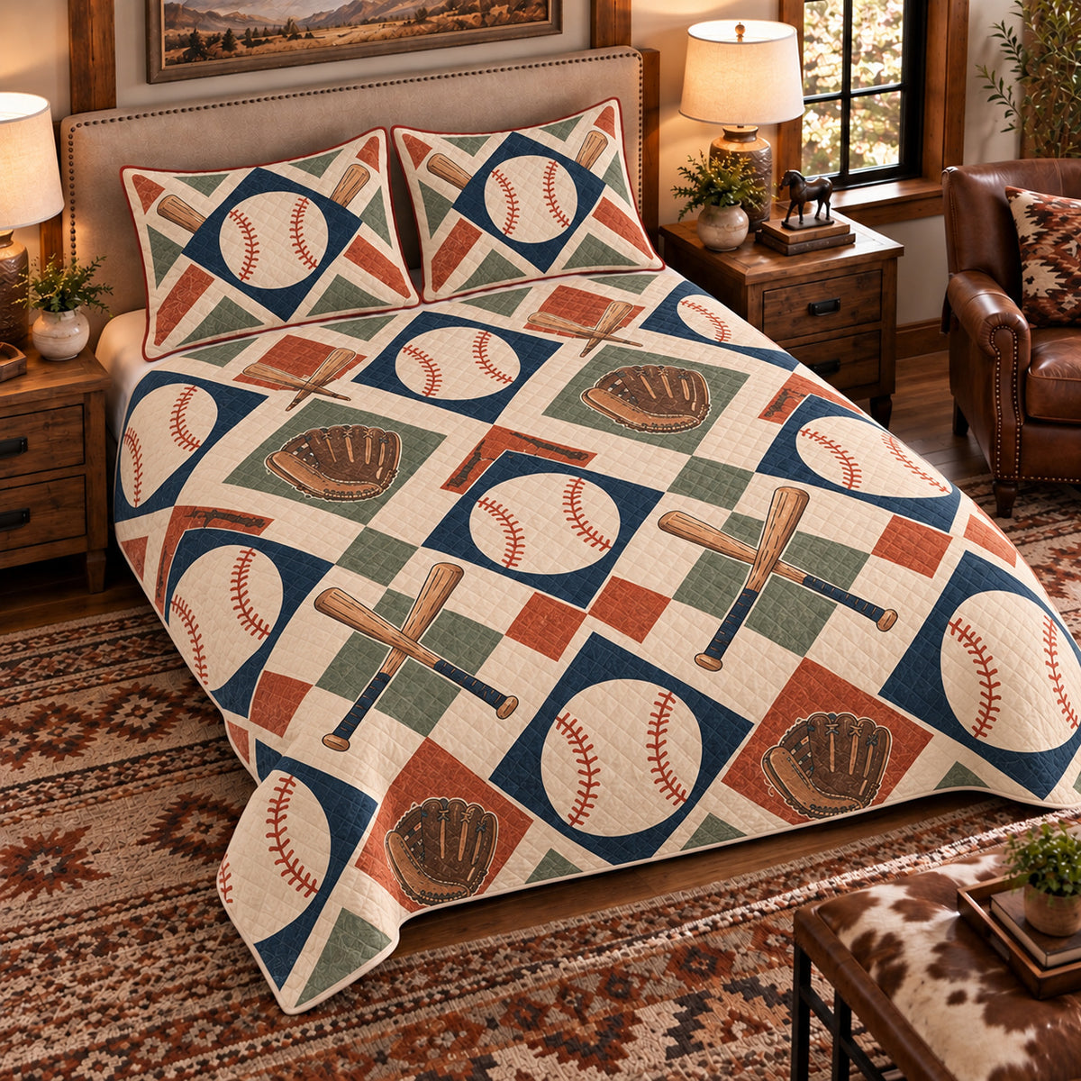 Elevated left-angle view AI mockup of the Baseball Paper Diamond baseball quilt set with two coordinating printed pillow shams.