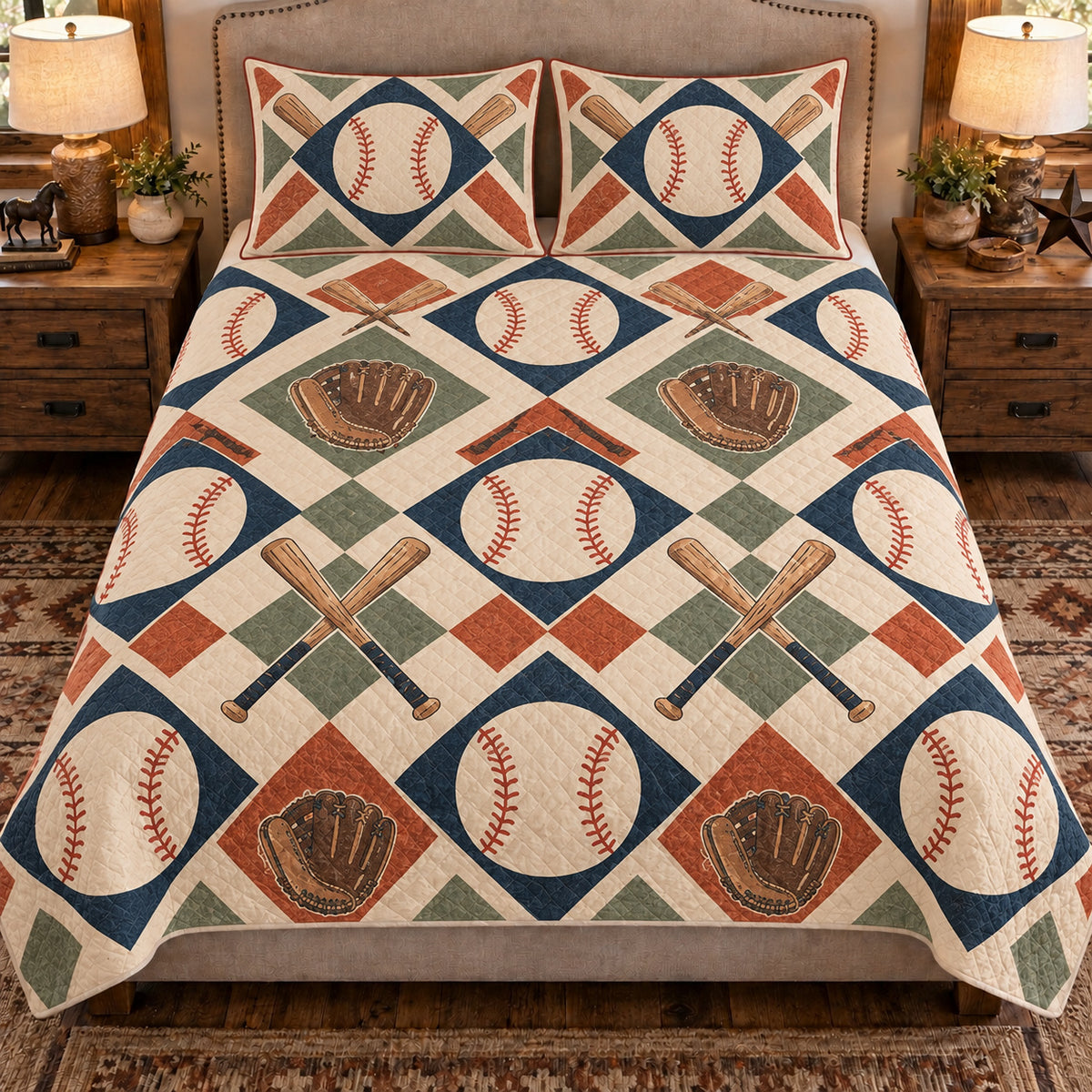 Front view AI mockup of the Baseball Paper Diamond baseball quilt set with two coordinating printed pillow shams.