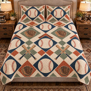 Front view AI mockup of the Baseball Paper Diamond baseball quilt set with two coordinating printed pillow shams.