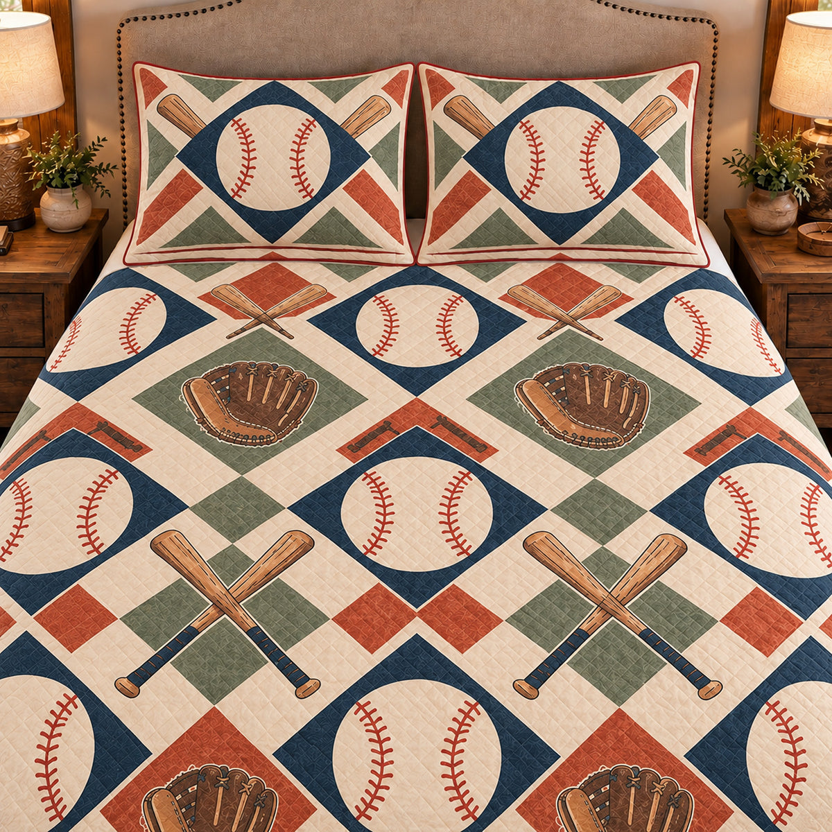 Frontal close-up view AI mockup of the Baseball Paper Diamond baseball quilt set with two coordinating printed pillow shams.