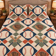 Frontal close-up view AI mockup of the Baseball Paper Diamond baseball quilt set with two coordinating printed pillow shams.