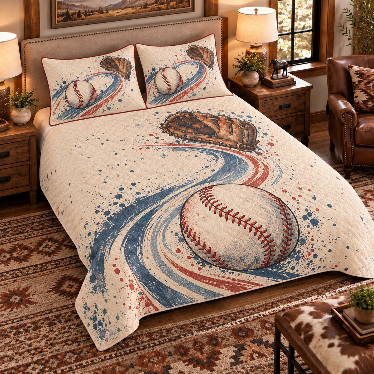 Elevated left-angle view AI mockup of the Baseball Pitch Path baseball quilt set with two coordinating printed pillow shams.