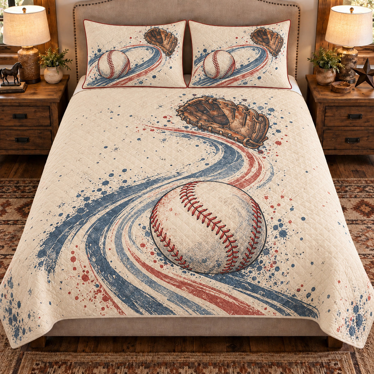Front view AI mockup of the Baseball Pitch Path baseball quilt set with two coordinating printed pillow shams.