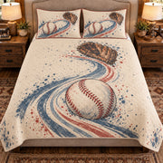 Front view AI mockup of the Baseball Pitch Path baseball quilt set with two coordinating printed pillow shams.