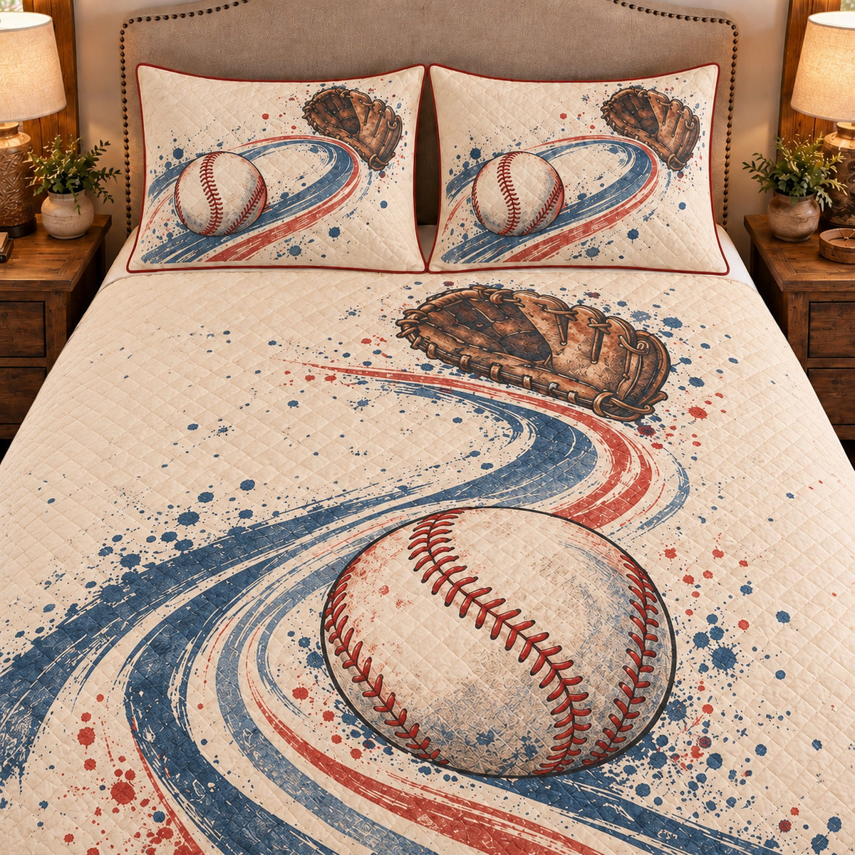 Frontal close-up view AI mockup of the Baseball Pitch Path baseball quilt set with two coordinating printed pillow shams.