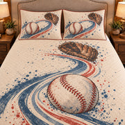 Frontal close-up view AI mockup of the Baseball Pitch Path baseball quilt set with two coordinating printed pillow shams.