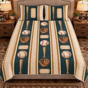 Front view AI mockup of the Baseball Striped Keepsakes baseball quilt set with two coordinating printed pillow shams.