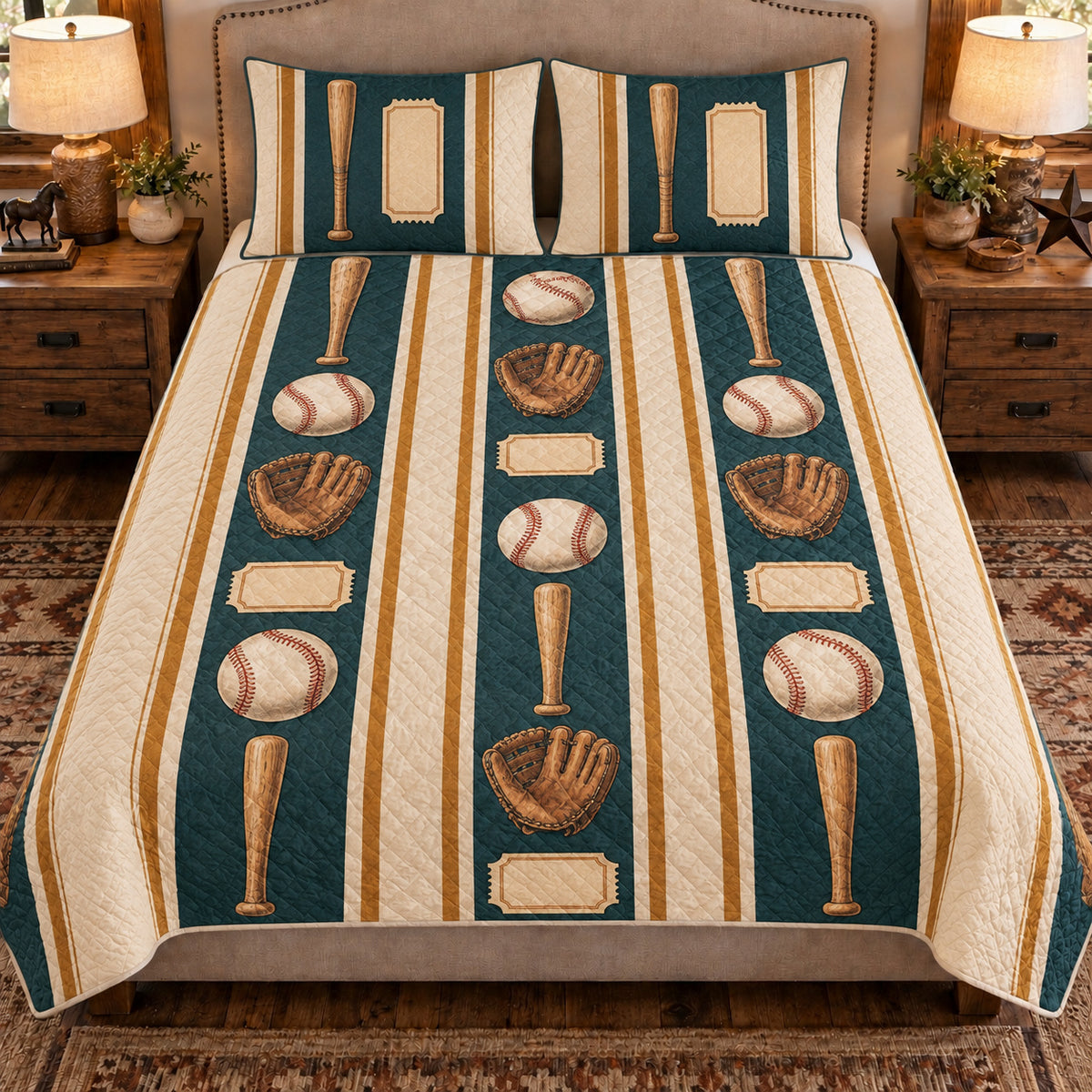 Front view AI mockup of the Baseball Striped Keepsakes baseball quilt set with two coordinating printed pillow shams.