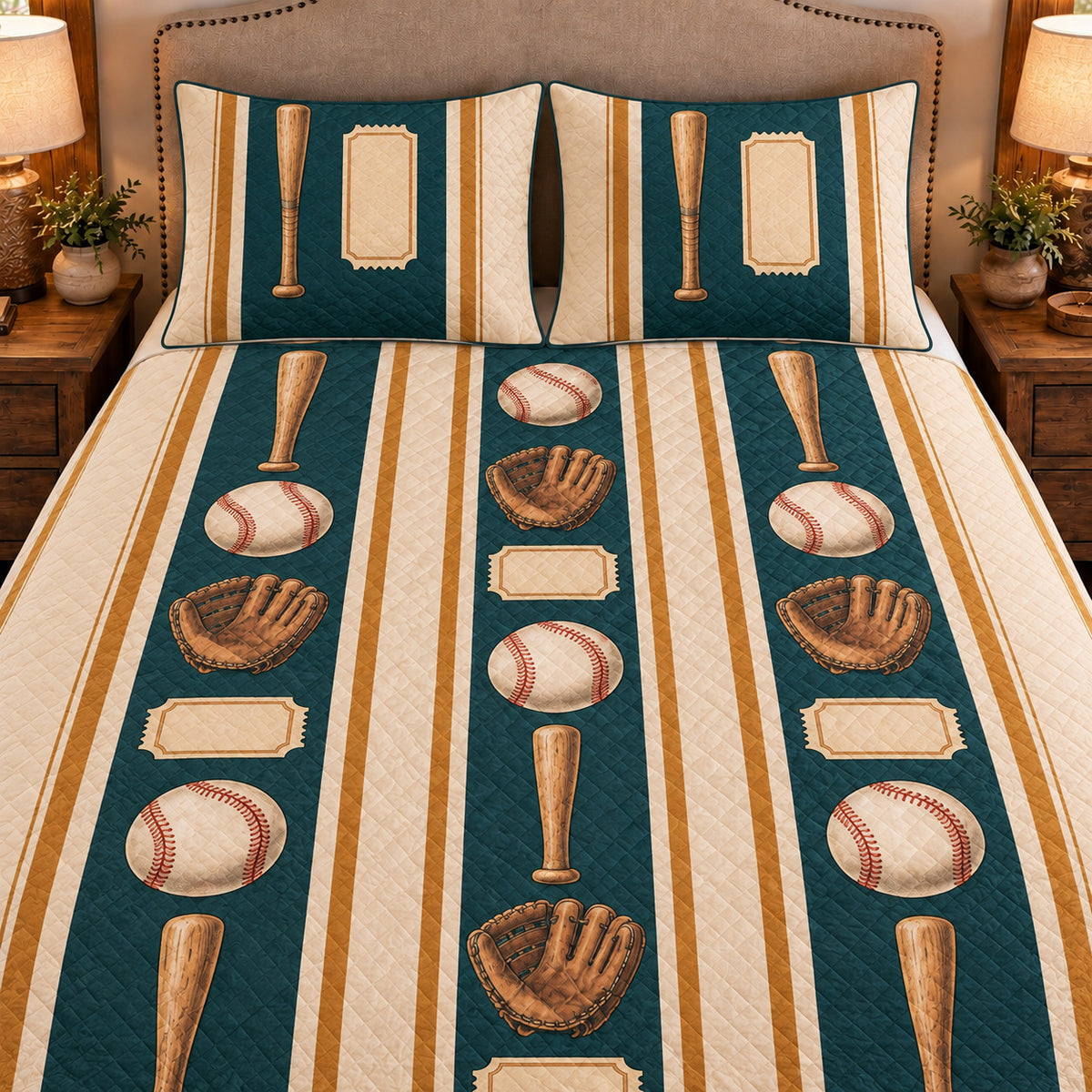 Frontal close-up view AI mockup of the Baseball Striped Keepsakes baseball quilt set with two coordinating printed pillow shams.