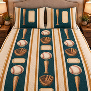 Frontal close-up view AI mockup of the Baseball Striped Keepsakes baseball quilt set with two coordinating printed pillow shams.