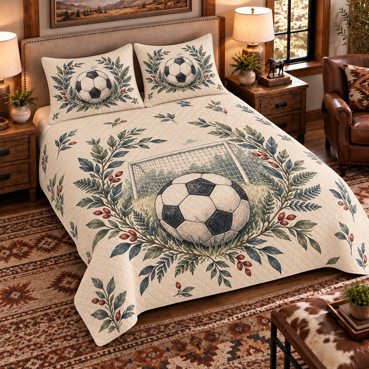 Elevated left-angle view AI mockup of the Soccer Ball Botanical soccer quilt set with two coordinating printed pillow shams.