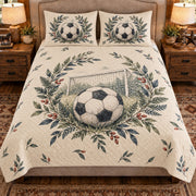 Front view AI mockup of the Soccer Ball Botanical soccer quilt set with two coordinating printed pillow shams.