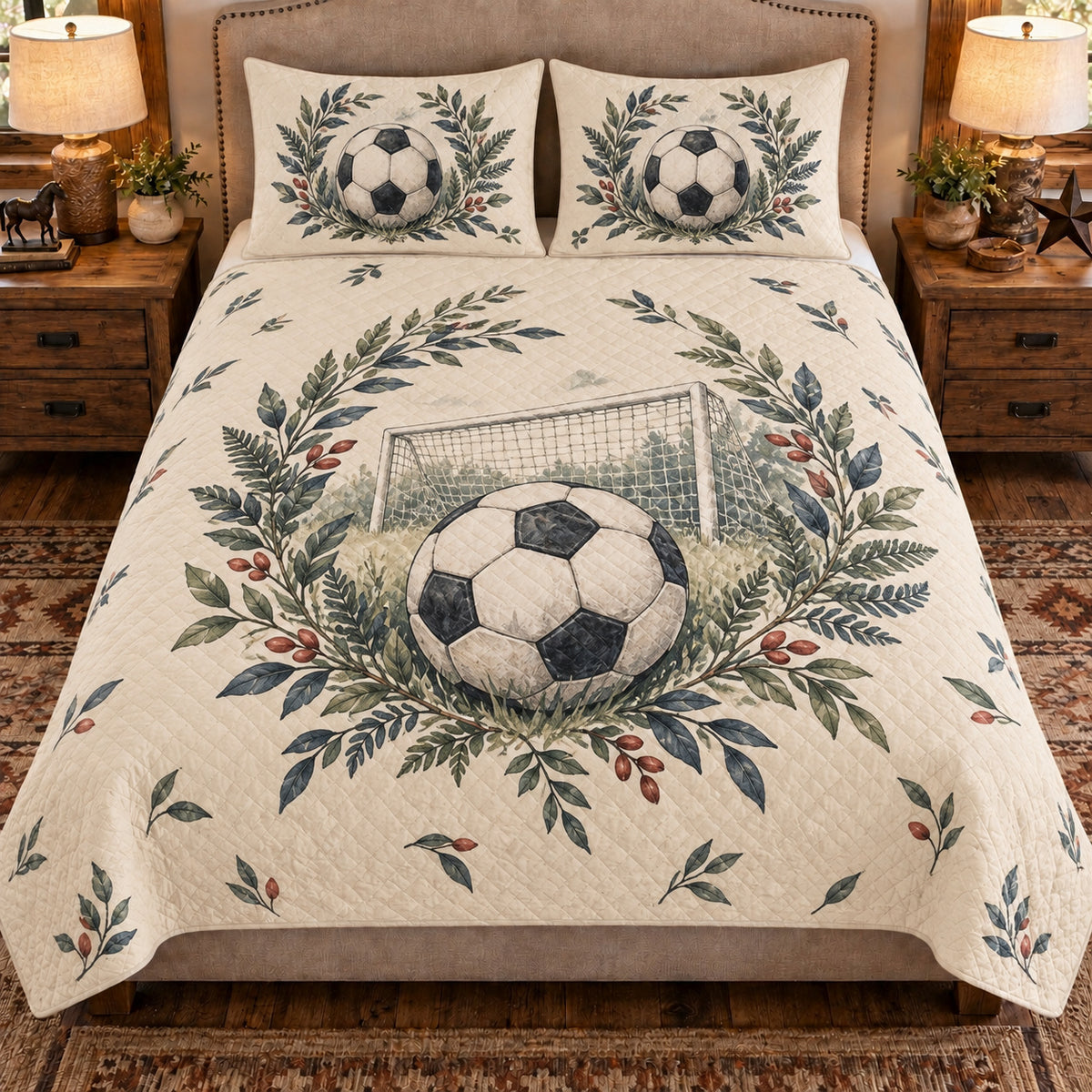 Front view AI mockup of the Soccer Ball Botanical soccer quilt set with two coordinating printed pillow shams.