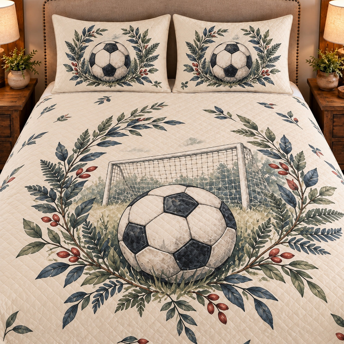 Frontal close-up view AI mockup of the Soccer Ball Botanical soccer quilt set with two coordinating printed pillow shams.