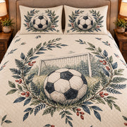 Frontal close-up view AI mockup of the Soccer Ball Botanical soccer quilt set with two coordinating printed pillow shams.