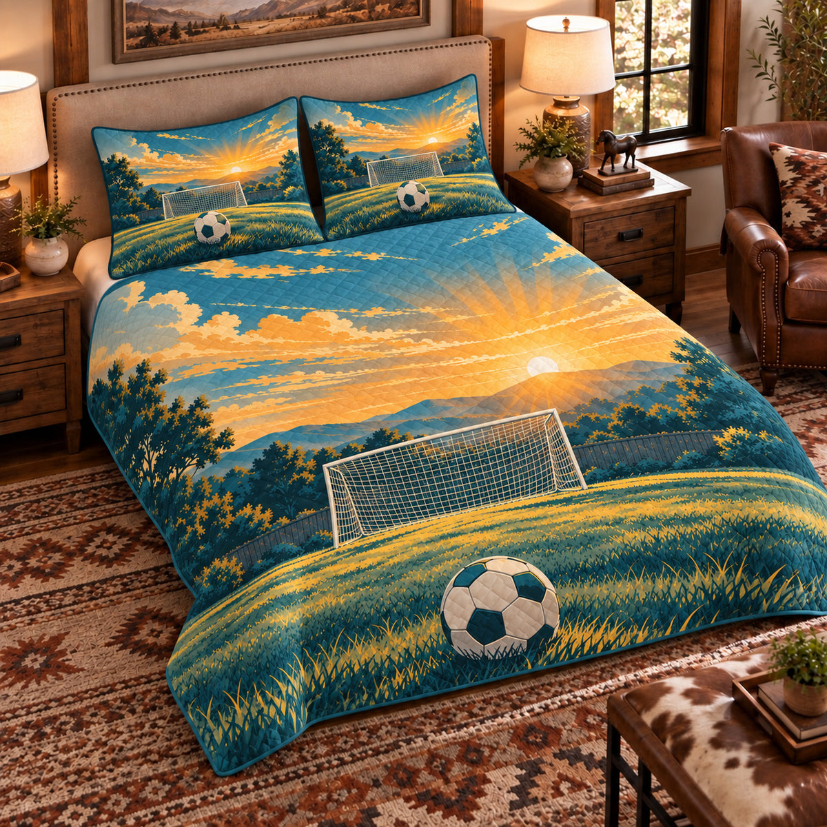 Elevated left-angle view AI mockup of the Backyard Goal Sunrise soccer quilt set with two coordinating printed pillow shams.