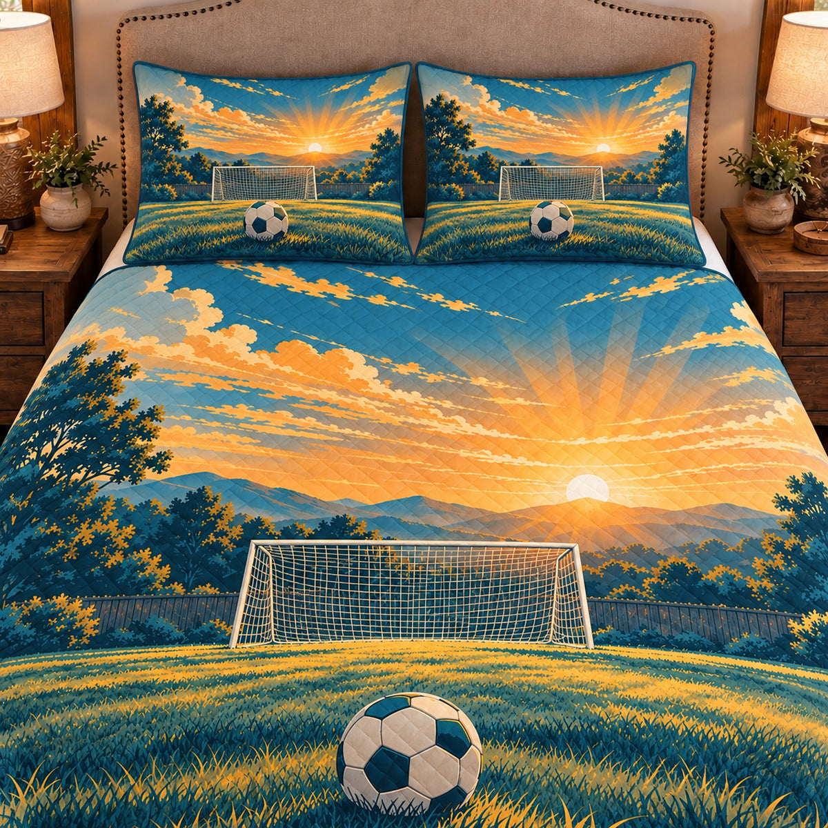 Frontal close-up view AI mockup of the Backyard Goal Sunrise soccer quilt set with two coordinating printed pillow shams.