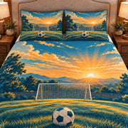 Frontal close-up view AI mockup of the Backyard Goal Sunrise soccer quilt set with two coordinating printed pillow shams.