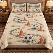 Front view AI mockup of the Soccer Training Cones soccer quilt set with two coordinating printed pillow shams.