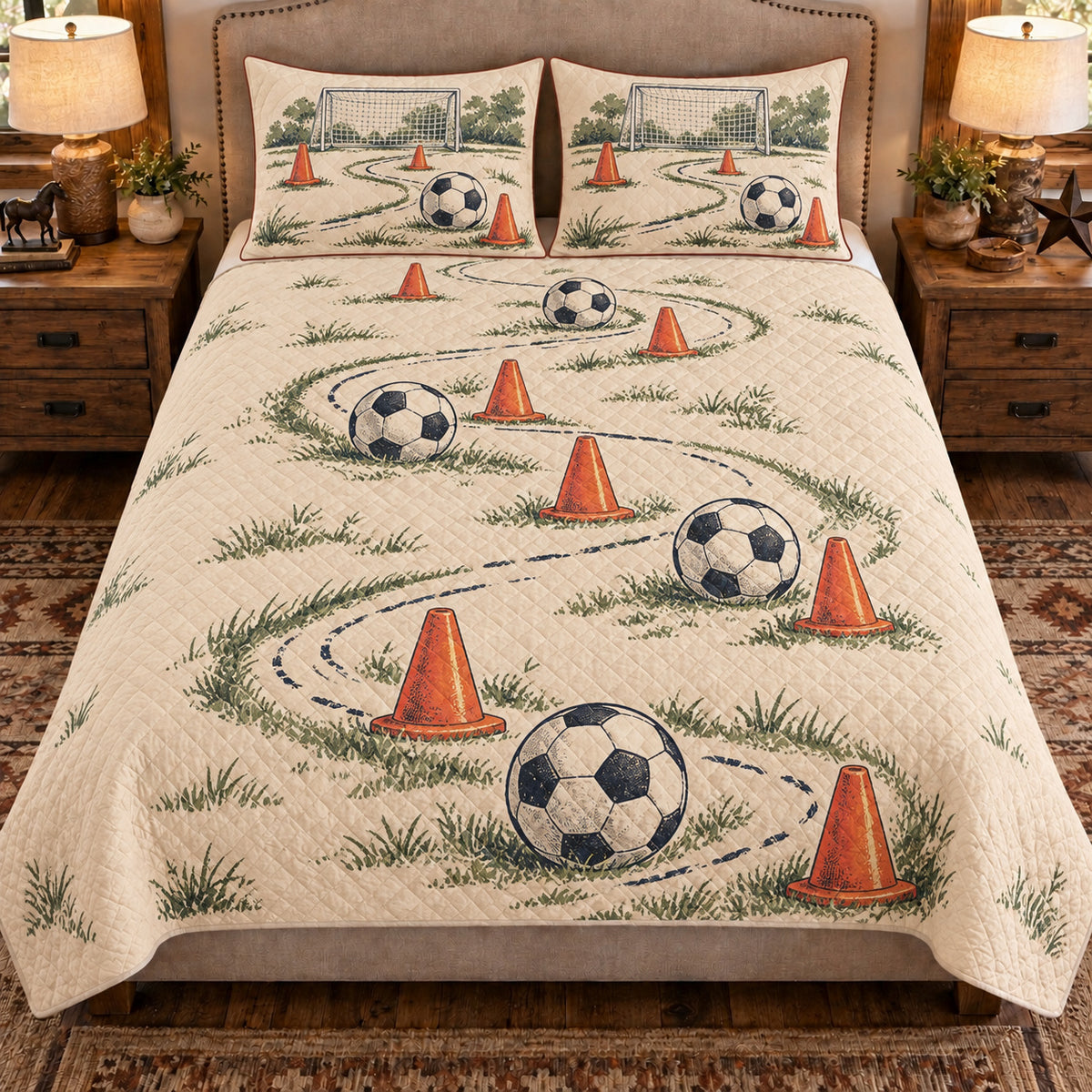 Front view AI mockup of the Soccer Training Cones soccer quilt set with two coordinating printed pillow shams.