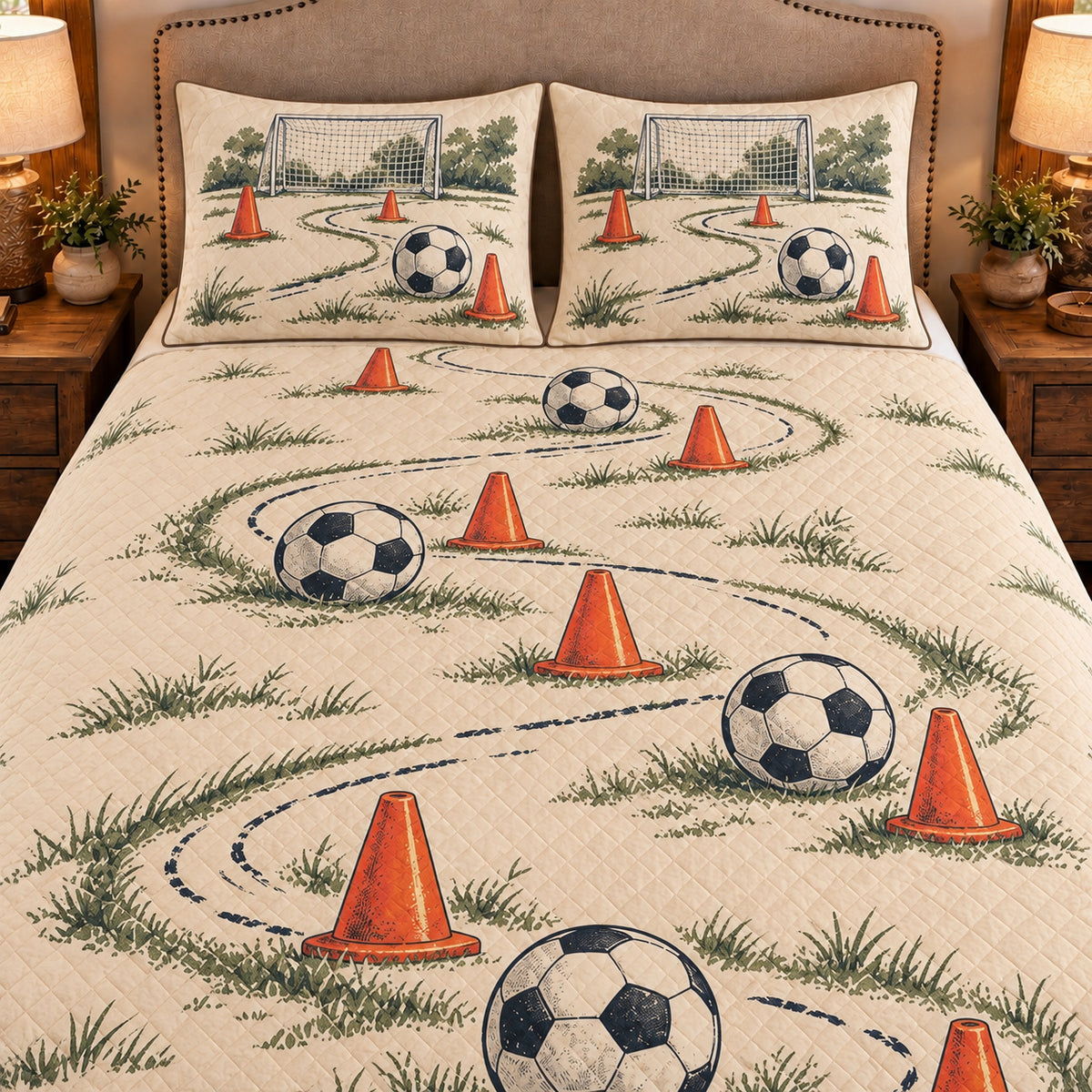 Frontal close-up view AI mockup of the Soccer Training Cones soccer quilt set with two coordinating printed pillow shams.