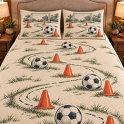Frontal close-up view AI mockup of the Soccer Training Cones soccer quilt set with two coordinating printed pillow shams.