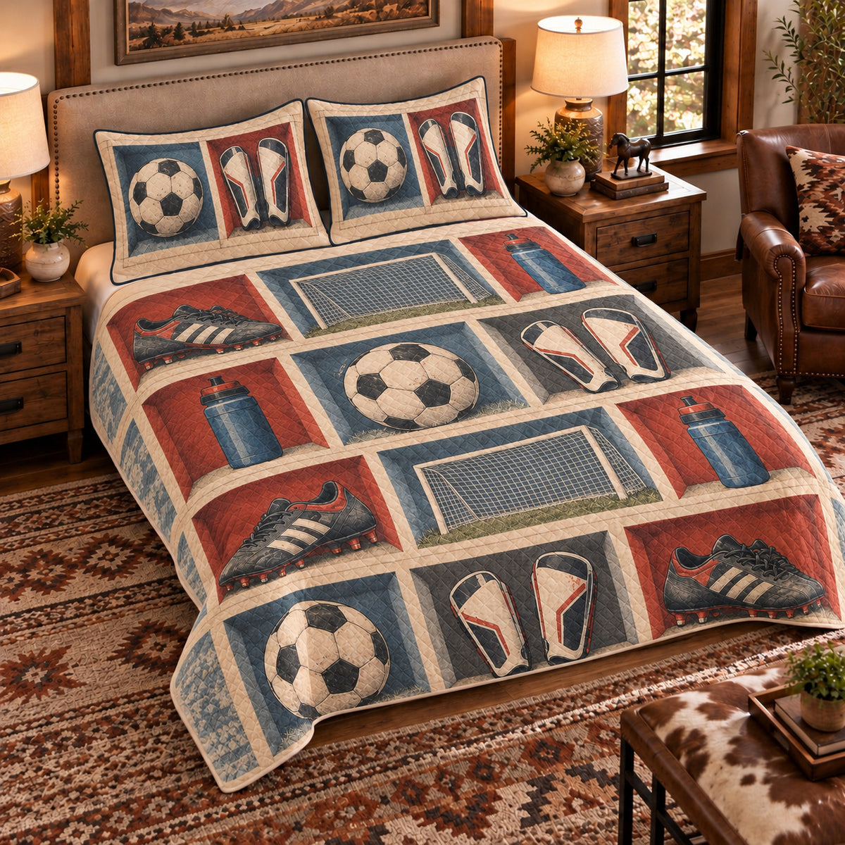 Elevated left-angle view AI mockup of the Soccer Equipment Cubes soccer quilt set with two coordinating printed pillow shams.