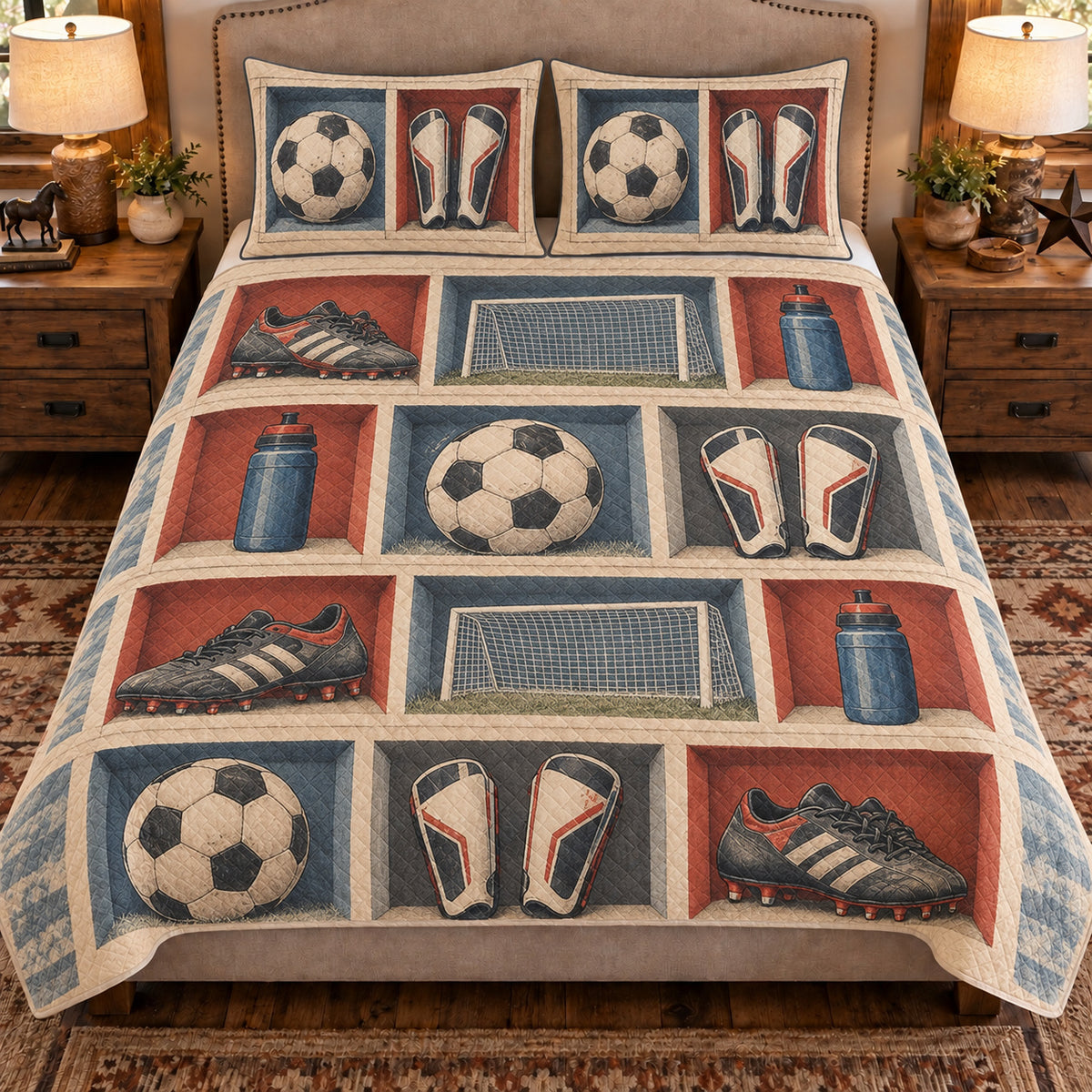 Front view AI mockup of the Soccer Equipment Cubes soccer quilt set with two coordinating printed pillow shams.