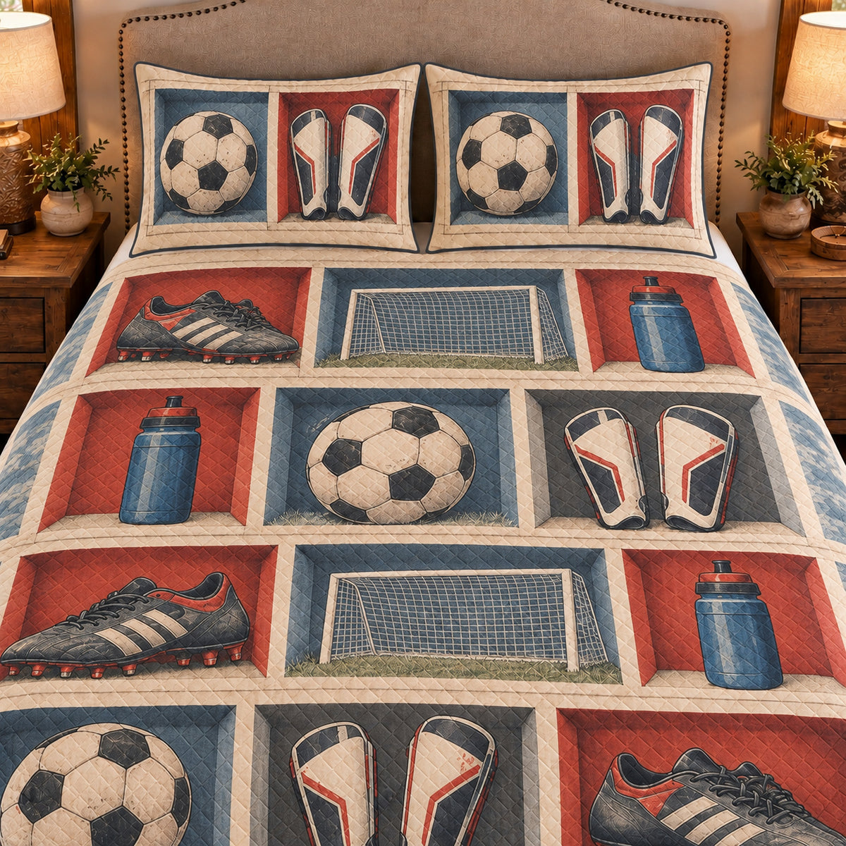 Frontal close-up view AI mockup of the Soccer Equipment Cubes soccer quilt set with two coordinating printed pillow shams.