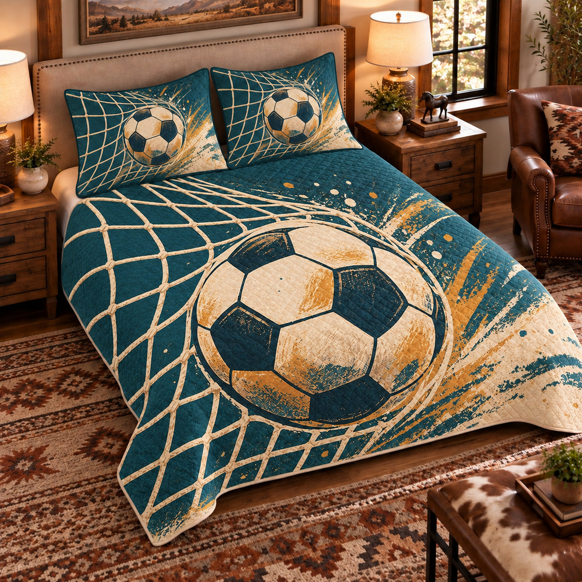 Elevated left-angle view AI mockup of the Soccer Net Ripple soccer quilt set with two coordinating printed pillow shams.