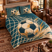 Elevated left-angle view AI mockup of the Soccer Net Ripple soccer quilt set with two coordinating printed pillow shams.