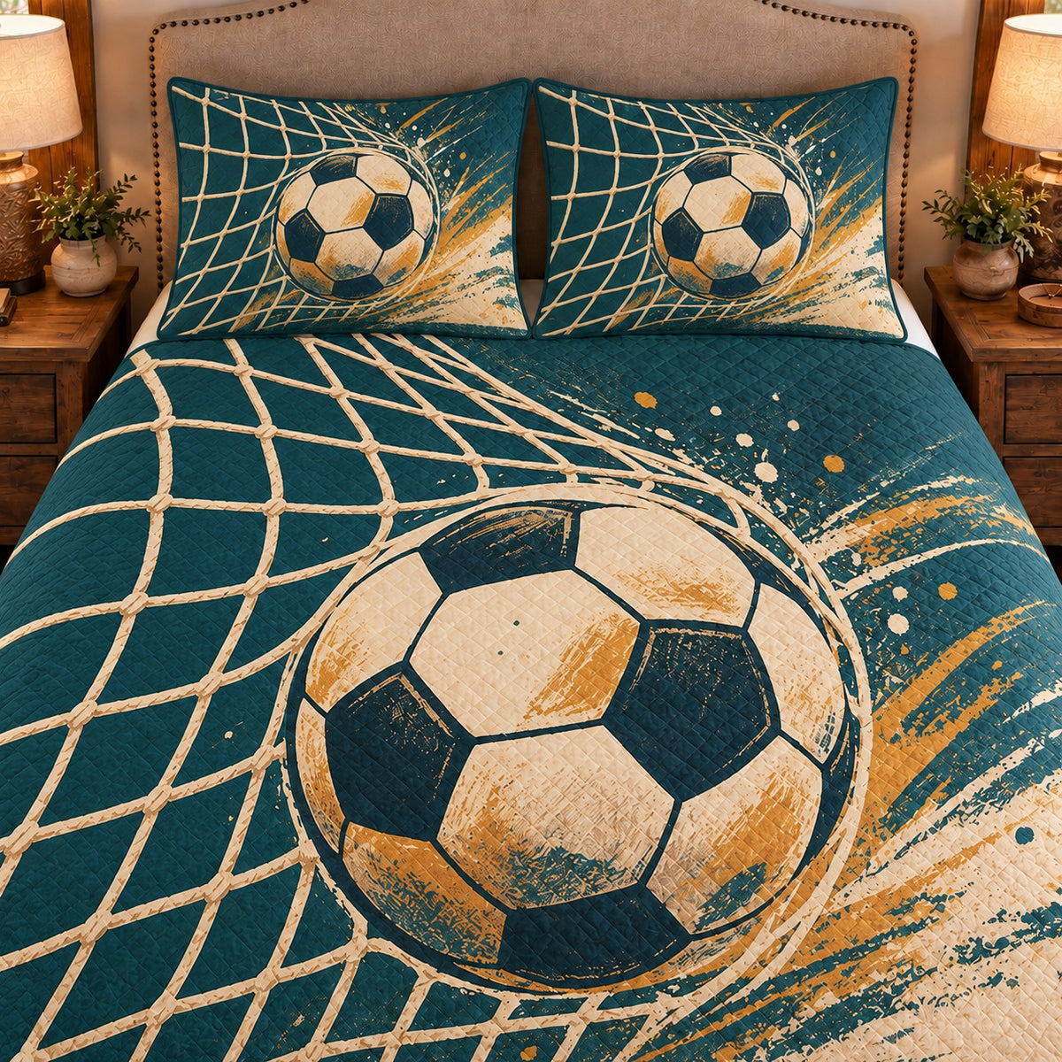 Frontal close-up view AI mockup of the Soccer Net Ripple soccer quilt set with two coordinating printed pillow shams.