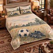 Elevated left-angle view AI mockup of the Soccer Meadow Practice soccer quilt set with two coordinating printed pillow shams.