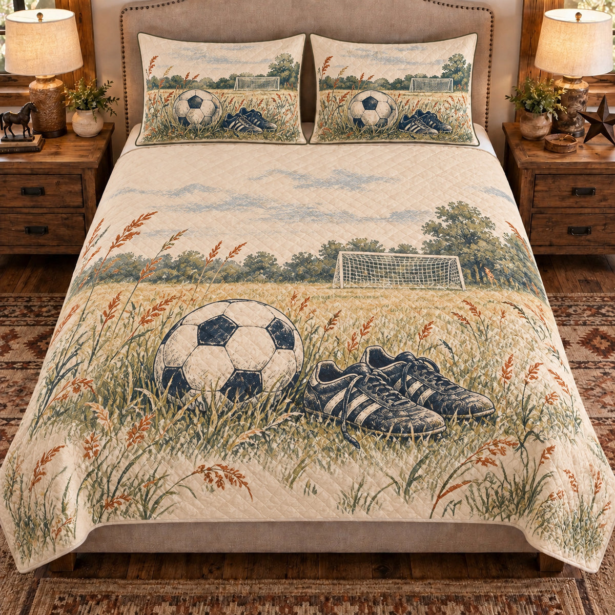 Front view AI mockup of the Soccer Meadow Practice soccer quilt set with two coordinating printed pillow shams.