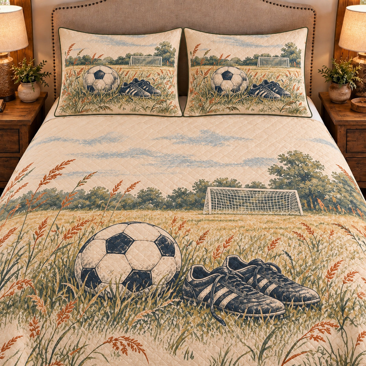 Frontal close-up view AI mockup of the Soccer Meadow Practice soccer quilt set with two coordinating printed pillow shams.