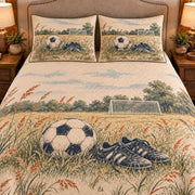 Frontal close-up view AI mockup of the Soccer Meadow Practice soccer quilt set with two coordinating printed pillow shams.