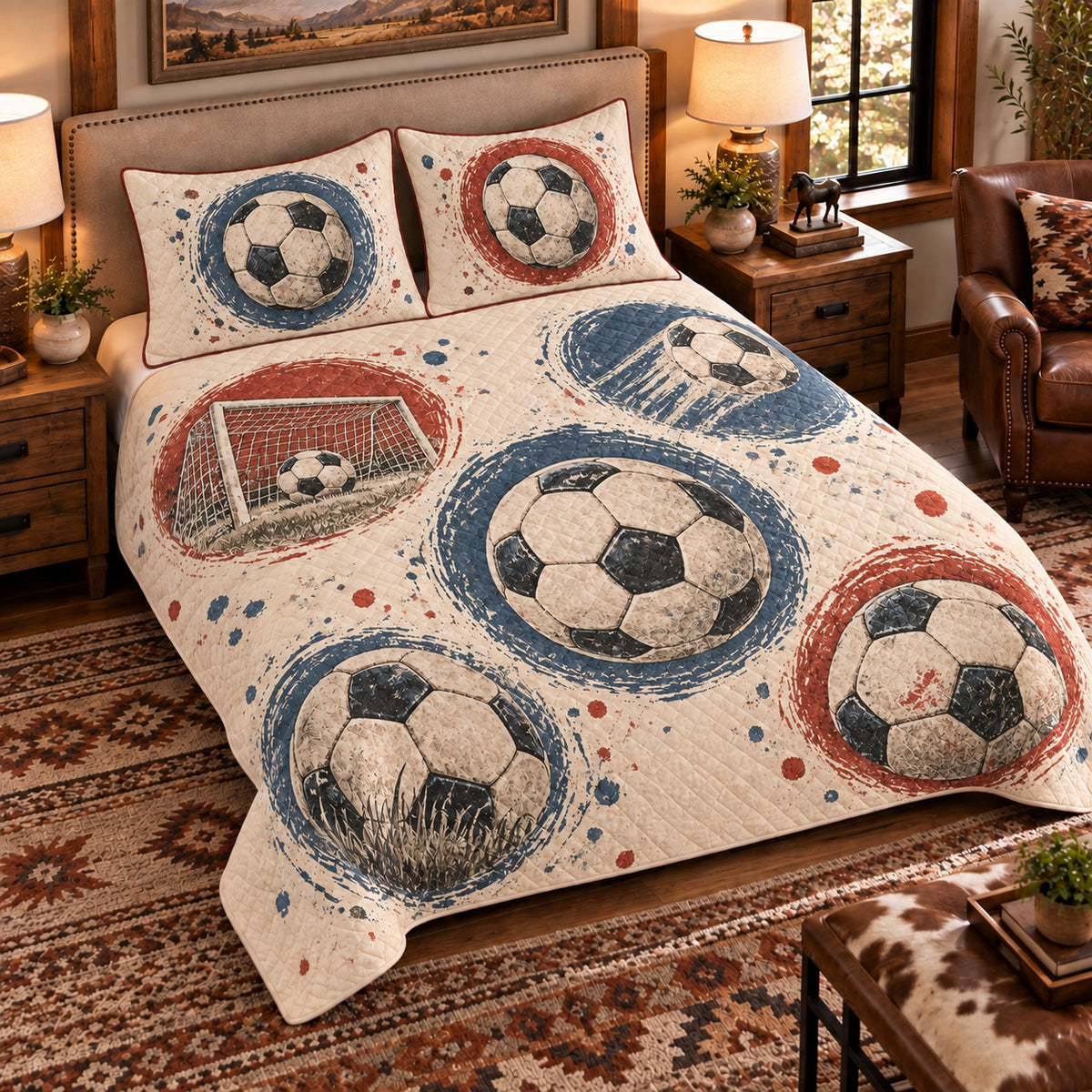 Elevated left-angle view AI mockup of the Soccer Circle Studies soccer quilt set with two coordinating printed pillow shams.