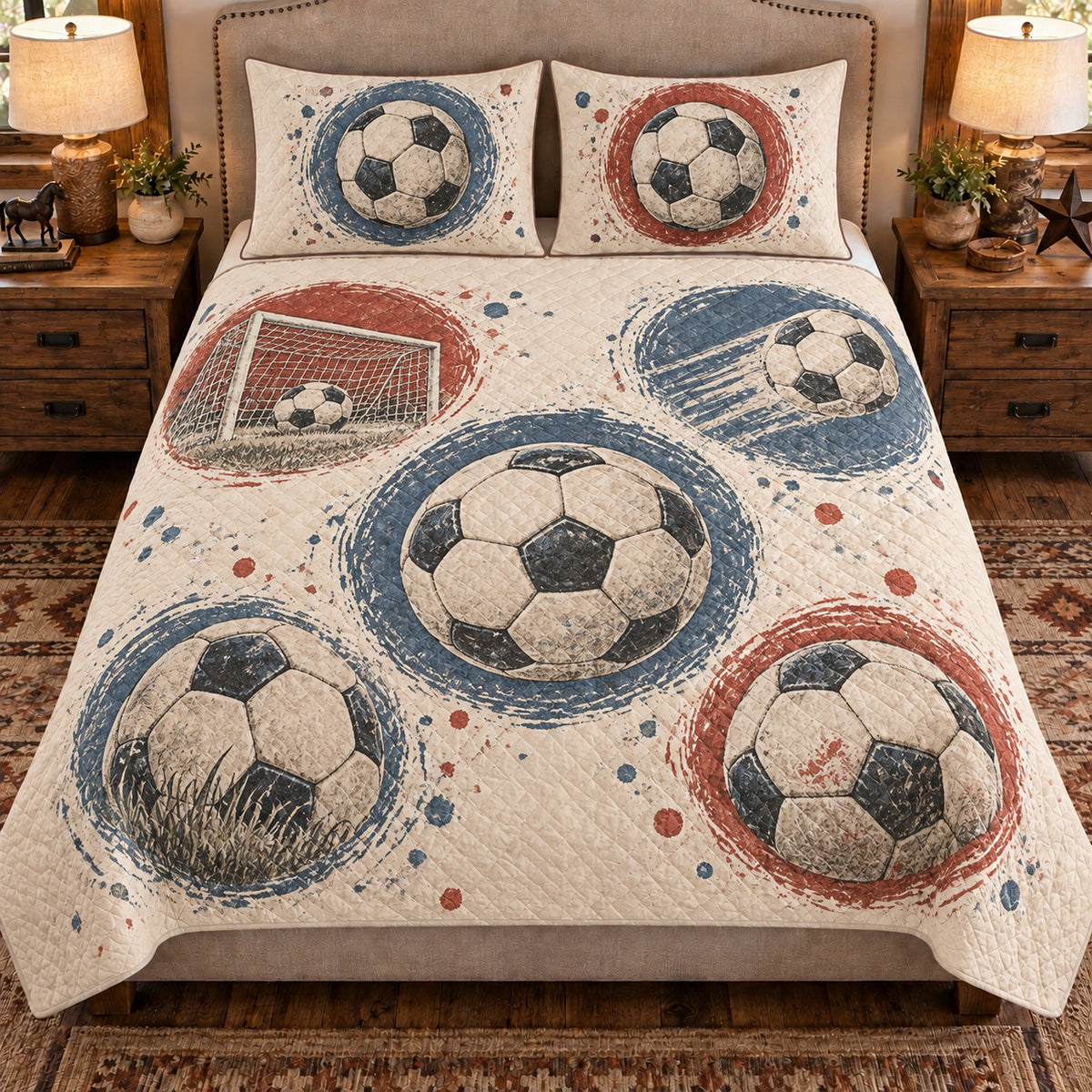 Front view AI mockup of the Soccer Circle Studies soccer quilt set with two coordinating printed pillow shams.