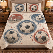 Front view AI mockup of the Soccer Circle Studies soccer quilt set with two coordinating printed pillow shams.