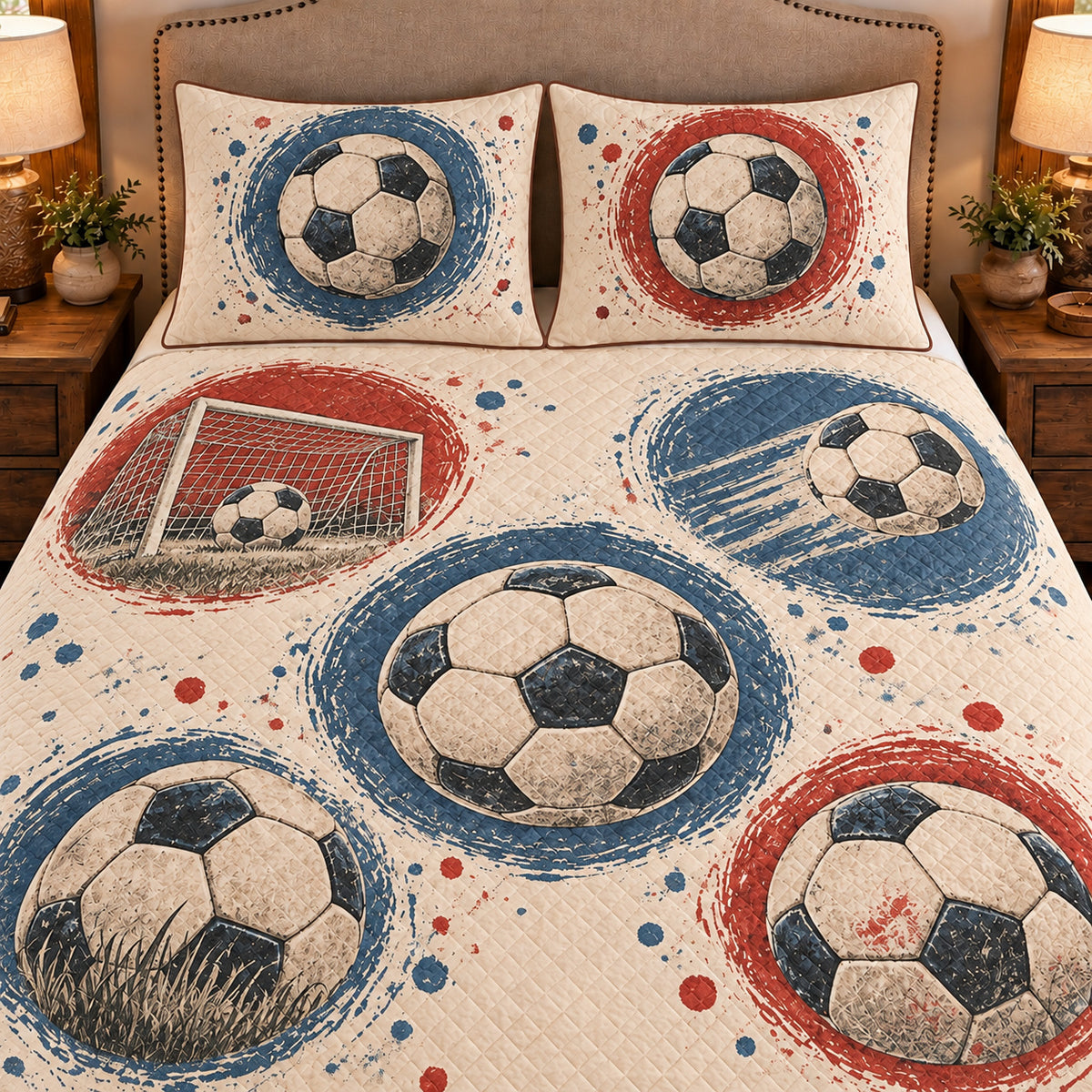 Frontal close-up view AI mockup of the Soccer Circle Studies soccer quilt set with two coordinating printed pillow shams.