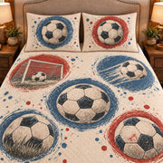 Frontal close-up view AI mockup of the Soccer Circle Studies soccer quilt set with two coordinating printed pillow shams.