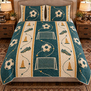 Front view AI mockup of the Soccer Strategy Ribbon soccer quilt set with two coordinating printed pillow shams.