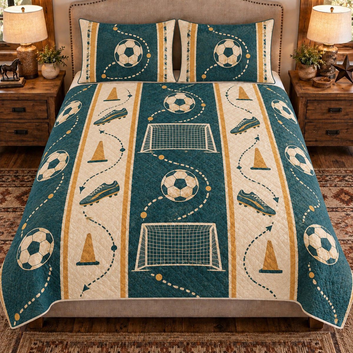 Front view AI mockup of the Soccer Strategy Ribbon soccer quilt set with two coordinating printed pillow shams.