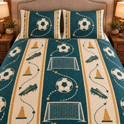 Frontal close-up view AI mockup of the Soccer Strategy Ribbon soccer quilt set with two coordinating printed pillow shams.