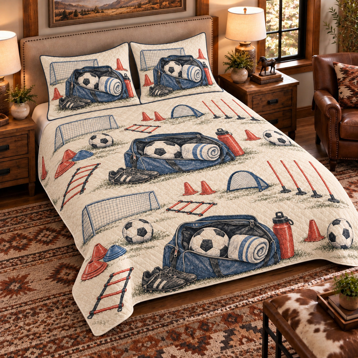 Elevated left-angle view AI mockup of the Soccer Bag and Towel soccer quilt set with two coordinating printed pillow shams.