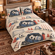 Elevated left-angle view AI mockup of the Soccer Bag and Towel soccer quilt set with two coordinating printed pillow shams.