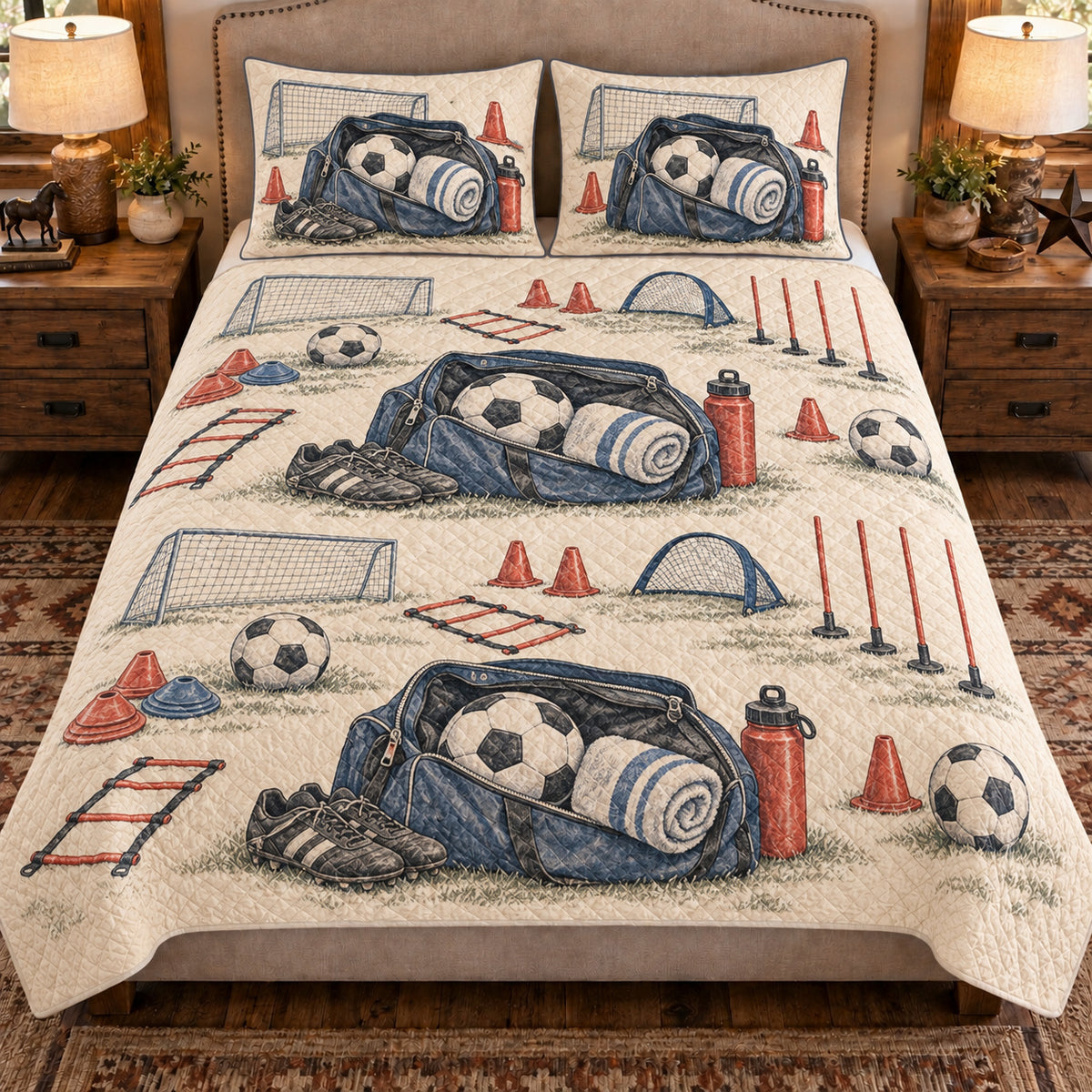 Front view AI mockup of the Soccer Bag and Towel soccer quilt set with two coordinating printed pillow shams.