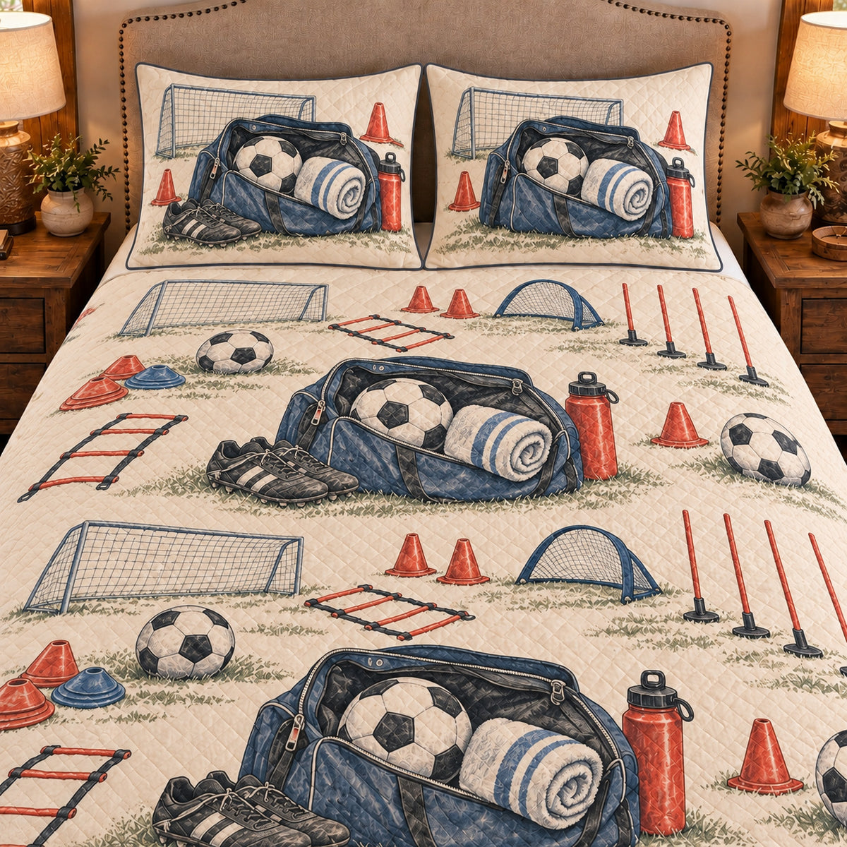 Frontal close-up view AI mockup of the Soccer Bag and Towel soccer quilt set with two coordinating printed pillow shams.
