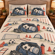 Frontal close-up view AI mockup of the Soccer Bag and Towel soccer quilt set with two coordinating printed pillow shams.