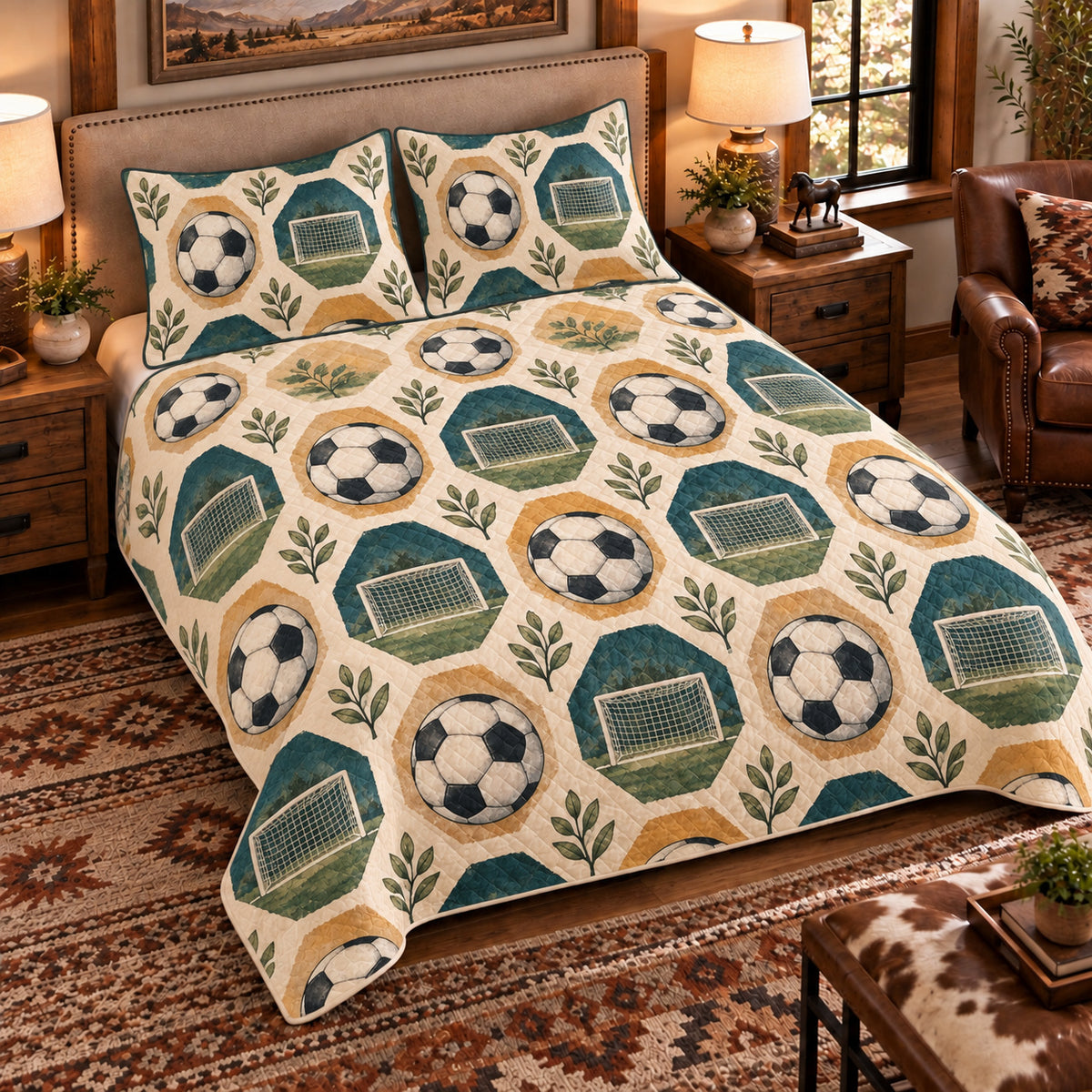 Elevated left-angle view AI mockup of the Soccer Hexagon Garden soccer quilt set with two coordinating printed pillow shams.